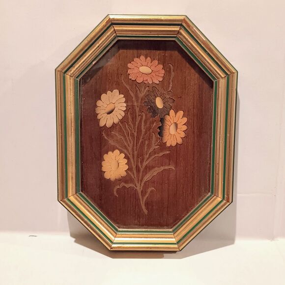 Vtg Mayflower Sorrento Inlaid Wood Framed Art-Floral-Octagonal-Marquetry-Italy - Picture 1 of 12